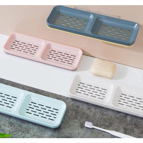 Punch-free Double-layer Drain Square Plastic Soap Box Wall-mounted Bathroom Double Grid Soap Holder Household Bathroom Shelf