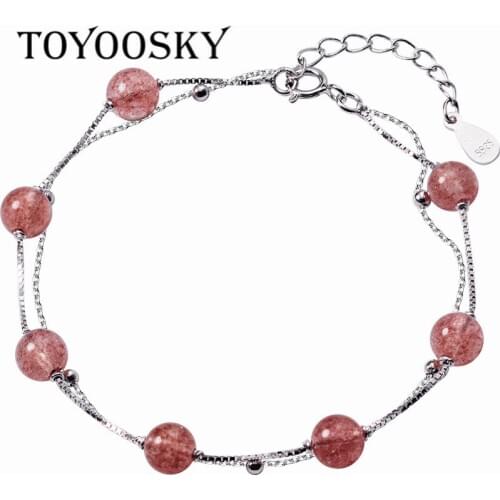 TOYOOSKY Two Layer Strawberry Natural Crystal Bracelets for Women Gifts 6mm Beads With Trendy 925 Sterling Silver Jewelry