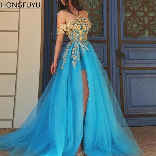 HONGFUYU Ocean Blue Off Shoulder Formal Evening Dresses Long Tulle Gold Appliques robes de soirée Prom Party Dress Side Split