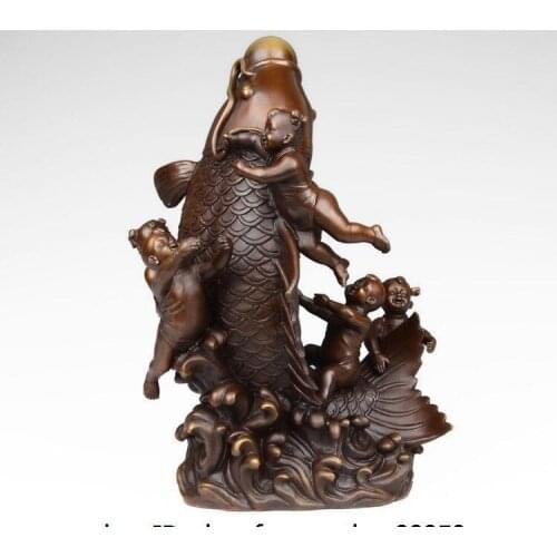 China Pure Red Copper Auspicious Five Boy Fish Carp Decoration Statue Sculpture