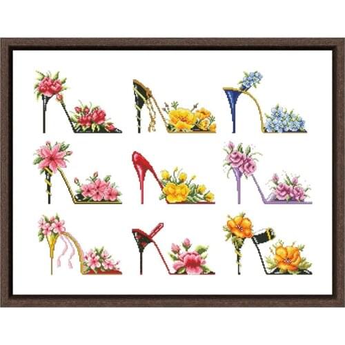 High heels collections cross embroidery kits flower pattern 18ct 14ct 11ct unprint canvas Cross-stitch DIY needlework