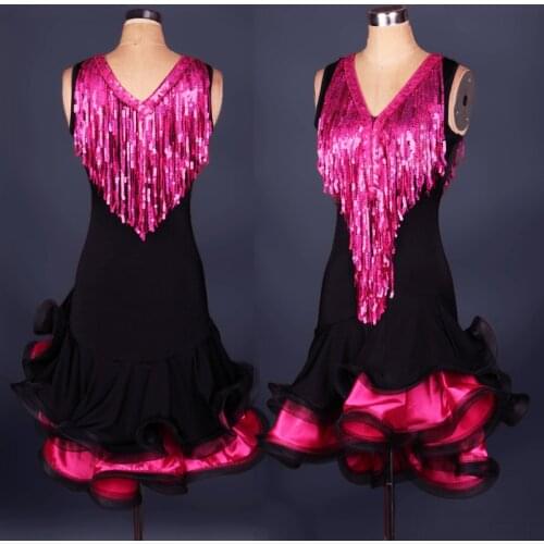 Latin Dance Costume Women V-Neck Sequin Fringe Dress Latin Dance Competition Dresses Salsa/Rumba/Tango Performance Dress DQL728