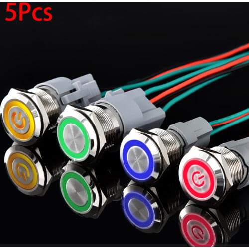 5 pcs metal push button switch power button Waterproof Flat circular button LED light self-lock button 5v 12v 24v 220v