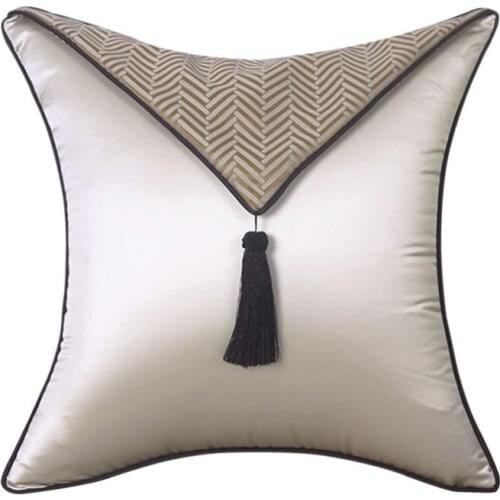 MOQ 6pcs 45x45cm Chinese jacquard beige geometric cushion cover tassel pillow cover classical pillow case