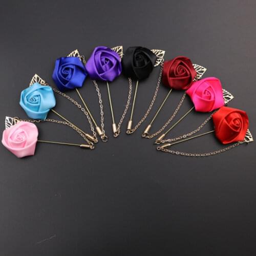 Mens Gold leaves Handmade Fabric Rose Flower Brooch Pin With chain XZ003