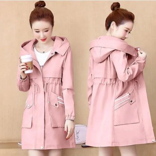 2020 New Fashion Womens Jacket Female Tops Autumn Slim Mid-Long Women Windbreaker Coat Hooded Overcoat Blue Plus Size 3XL Y553