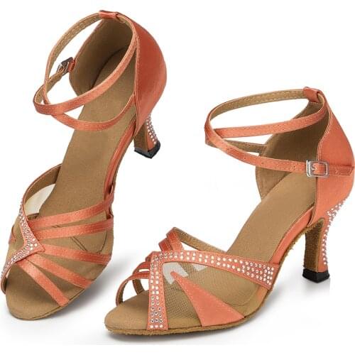 Ballroom Dance Shoes For Girls Glitter Rhinestone Latin Dance Shoes Women Satin Browns Ladies Women Soft Bottom Dance Shoes