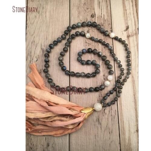 Mermaids Dream Mala 108 Necklace With Recycled Silk Sari Tassel Labradorite and Moonstone Hand Knotted Mala Beads NM11116