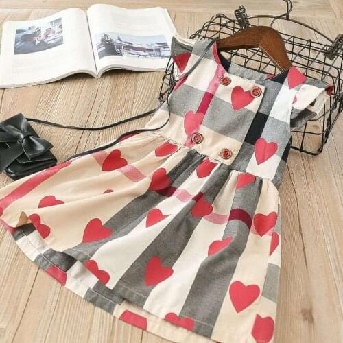 Baby Girl Dress, High-Waist Midi, Short Sleeve Round Collar Plaid Heart Printed Princess Pleated Fall Skirt