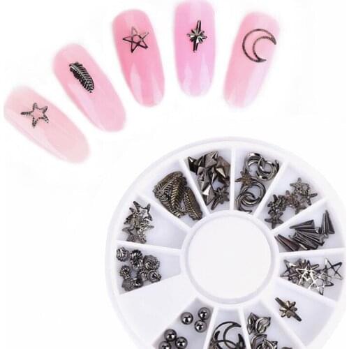 Mixed Color Punk Rivet Triangle Star Round Feather Metal Studs Rhinestone 3d Nail Art Decorations In Wheel