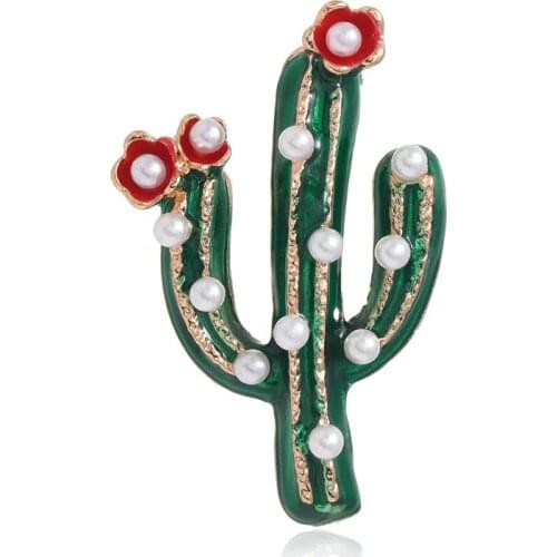 Christmas Enamel Pearl Cactus Brooch For Women Girl Green Plant Red Flower Suit Pin Womens Brooch Trendy Party Jewelry Gift