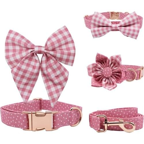 Pink polka dot Girly Dog Collar Bow Dog Flower for Pet Dog Cat with Rose Gold Metal Buckle