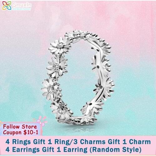 Smuxin 925 Sterling Silver Ring Clear Sparkling Daisy Flower Crown Ring Original 925 Silver Women Ring Engagement Ring Girl Gift