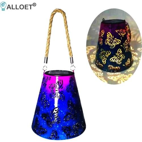 LED Solar Lantern Light Wrought Iron Hollow Butterfly Projection Lamp Hanging Lamps Waterproof Outdoor Solar Light Projector