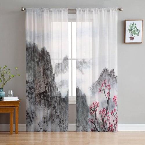Chinese Painting Forest Flowers Mountain Tulle Curtains for Bedroom Modern Voile Curtains Home Decoration Window Curtains