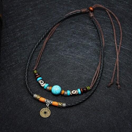 Vintage Leather Rope Necklace Creative Ancient Tribe Man Hemp Statement Choker Necklace Charm Bohemian Jewelry collares mujer