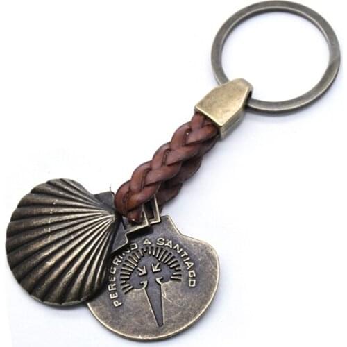 QIGO Vintage Metal Shell Cross Leather Key Chain For Men Women Religious Jewelry