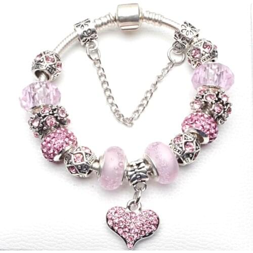 Yexcodes Tibetan Silver Pink Charm Lady Bracelet, DIY Heart-shaped Pendant Brand Bracelets Factory Outlet Gift