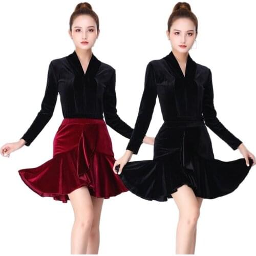 Latin Dance Skirt Sexy Women Chacha Samba Tango Layers Adult Bottoms Skirt Velvet One-piece Top Dance Costumes New