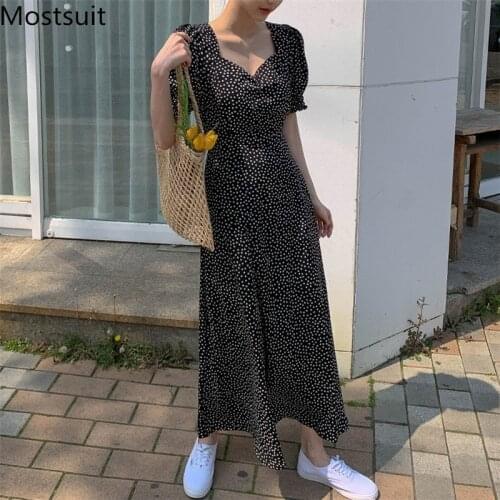 2021 Summer Floral Printed Korean Women Long Dress Short Sleeve V-neck A-line Dresses Elegant Vintage Ladies Vetidos Femme