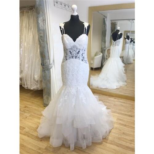 Real Photos Mermaid Wedding Dress Vestido De Novia Sirena Spaghetti Straps Corded Lace Appliques Beading Sheer Waist Ruffles