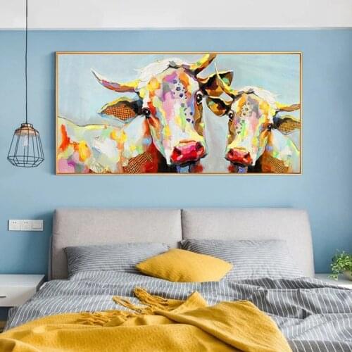 100% Hand Painted Abstract Cartoon Cow Art Oil Painting On Canvas Wall Art Frameless Picture Decoration For Living Room