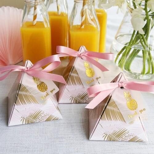 50/100pcs Triangular Pyramid Style Leaf Candy Box Wedding Festival Party Favors Supplies with Thanks Card Ribbons Paper Gift Box