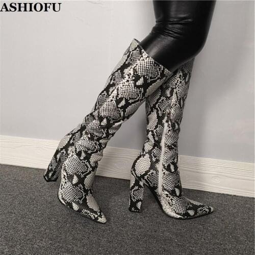 ASHIOFU New Arrival Women Chunky Heel Boots Faux-snake Leather Knee High Boots Pointy Sexy Evening Party Prom Fashion Boots