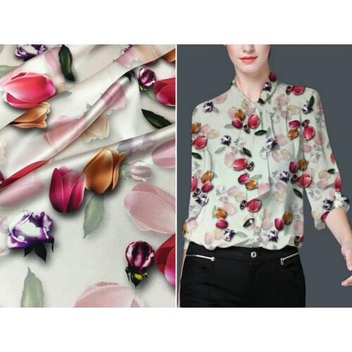 New Natural Silk Spandex Stretch Satin Fabric Tulip Rose Flower Printed Mulberry Silk Dress Cheongsam Cloth