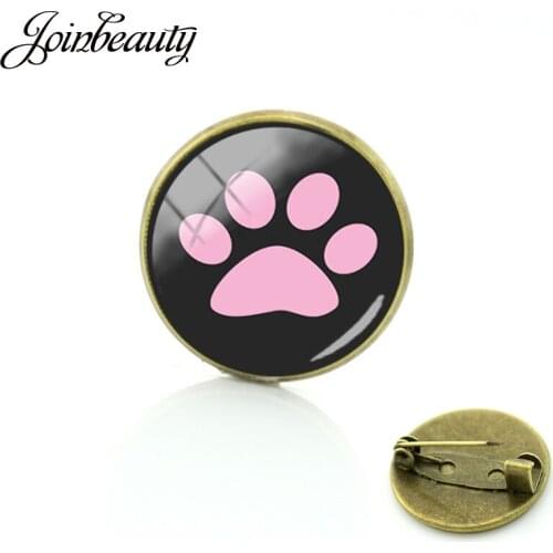 JOINBEAUTY Lovely Girl Badge Cat Paw Pattern Brooch Pins Round Glass Cabochon Handmade Vintage Jewelry Gifts for Friends NT335