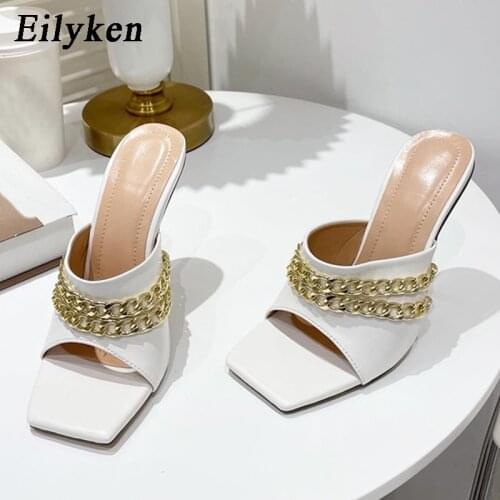 Eilyken New Fashion Chain Design PU Leather Slippers Women Outdoor Sandals Elegant Square Toe Stiletto Heels Ladies Party Shoes