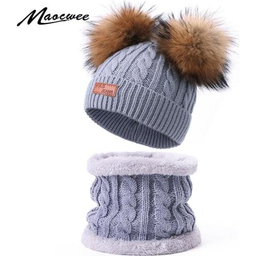 New Knitted Winter Hat Scarf Set With Double Real Fur Pompon For Children Warm Beanie Ring Scarf With Lining For Girls And Boys