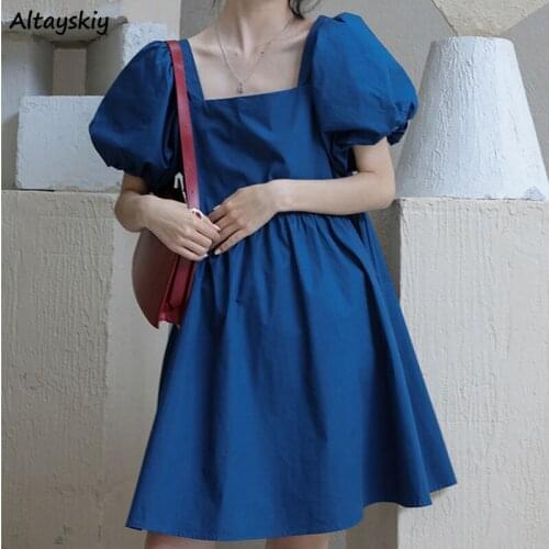 Colorful Dresses Women Lovely Puff Sleeve Loose Korean Style Square Collar French Stylish Chic All-match Party Clothing Female