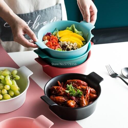 Creative and Simple Round Ceramic Salad Bowl Tableware Household Ceramic Binaural Anti-scalding Soup Bowl Noodle Bowl