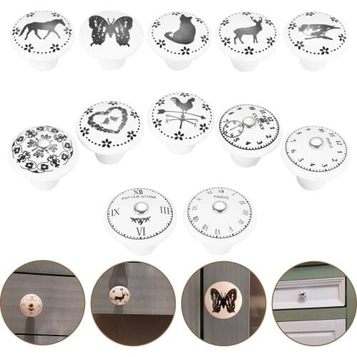 Printed Round Ceramic Knob Black&White Handle Pull Arabic numerals Paris Roman numbers Clock Animal Drawer Cabinet with screw