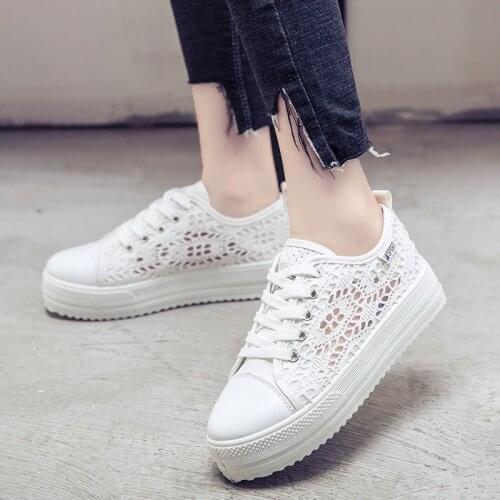 Fralosha black / white cut lace canvas shoes hollow flowers print breathable platform womens shoes women casual shoes