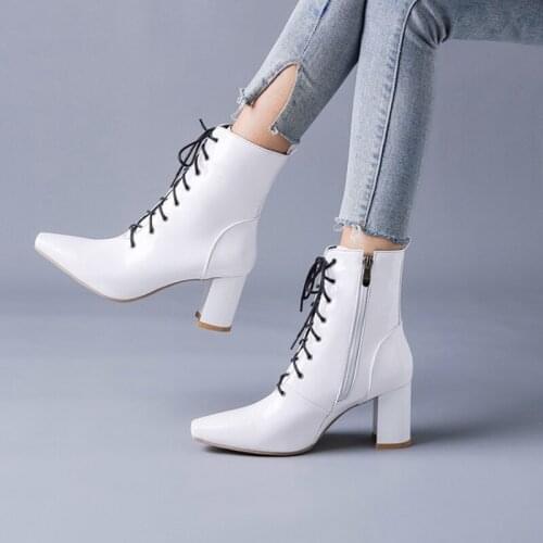 BLXQPYT Fashion Woman Lage Size 34-47 New Pointed Toe ankle boots for women lace up High Heel 7CM Autumn Winter Warm Shoes 993