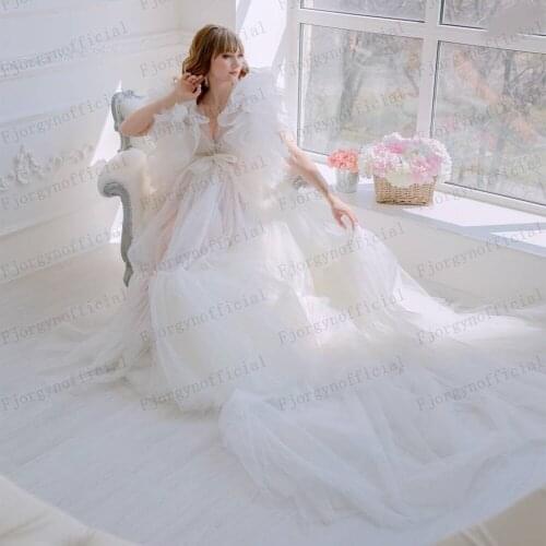 Soft White Tulle Maternity Robes for Photoshoot Open Front Tiered Ruffled Puffy Pregnant Evening Gowns Custom Made Sweep Train