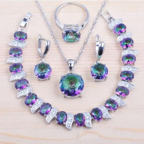 Womens Jewelry Set With Bracelet Necklace And Earrings Ring Set 925 Silver Round Multicolor Rainbow Zirconia Jewellry YZ0368