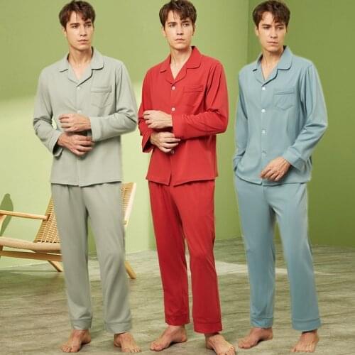Spring Autumn Mens Home Clothing Casual Solid Color Lapel Long Sleeve Pajamas Family Pajama Trousers Sleepwear Set Comfortable
