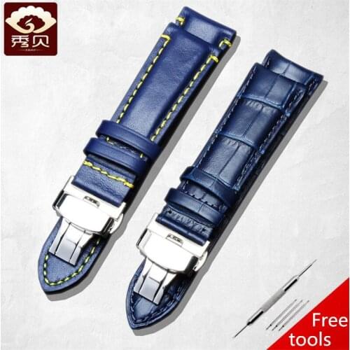 2019 Universal Genuine Leather Watchband 18 20 21 22 23mm Blue Breathable Calfskin Strap Deployment Buckle for Citizen Rossini