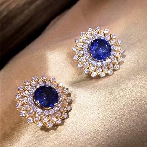 Luxury Female Crystal Flower Small Earrings Charm Gold Color Wedding Earrings Cute Bride Blue Zircon Stud Earrings For Women