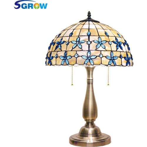 SGROW Art Shell Table Lamp Blue Bead Decoration Lighting Desk Lights for Bedroom Living Room Study Room European Lampara de mesa