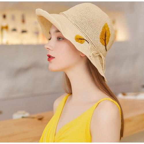 Handmade Straw Sun Hat Girl Summer Simple Leaf Embroidery Basin Cap Shopping Trip Crochet Sun Shade Caps Women Elegant Hat H6565