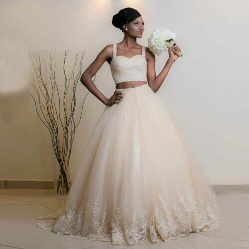 Spaghetti Straps Sequins Beading Two Pieces Champagne Wedding Dress A-Line Bridal Gowns for Black Gril