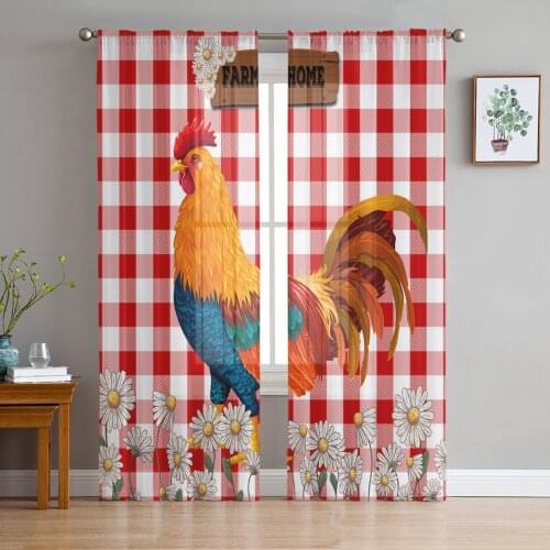 Red Plaid Daisy Rooster Farm Tulle Sheer Window Curtains for Living Room Kitchen Children Bedroom Voile Hanging Curtain