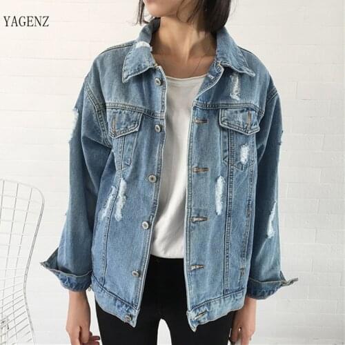 2019 New Women Spring Autumn Long Sleeve Basic Coats Vintage Slim Hot Fashion Holes Cacual Denim Jacket YAGENZ A73