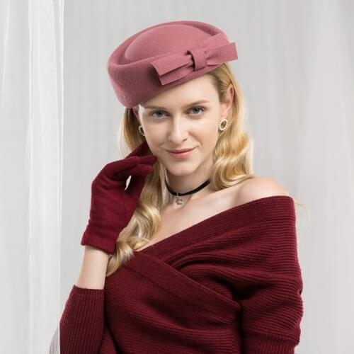 Lady Fedoras Wool Hat Girls New Fashion Winter Bowtie Fedoras Hats Female British Woolen Flat Cap Elegant Aristocratic Hat A14