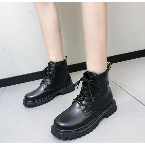Womens short boots ankle lace up square heel autumn black low heel thick bottom short tube womens Boots