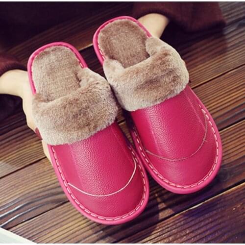 Women Slippers PU Waterproof Couples Winter Home Floor Slipper Men Flats Bedroom Ladies Slipper Shoes Warm Plush Indoor 2021